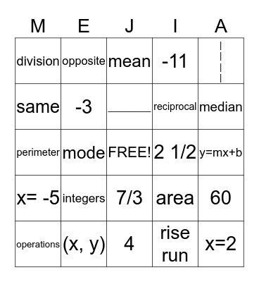 Summer Math Review Bingo Card