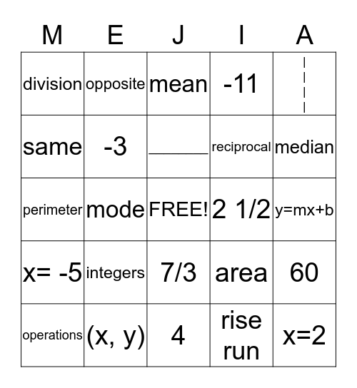 Summer Math Review Bingo Card