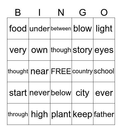 Sight Word BINGO Card