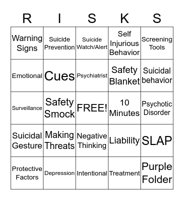 Suicide Prevention Bingo Card