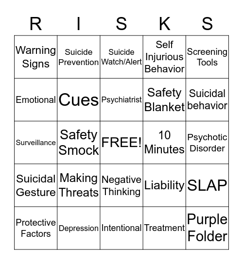 Suicide Prevention Bingo Card