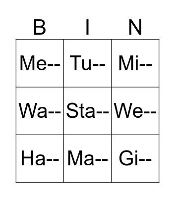 End Clusters Bingo Card