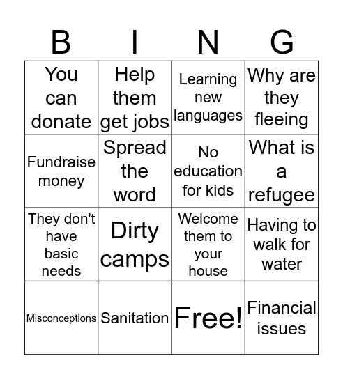 Refugee Awareness Bingo Card
