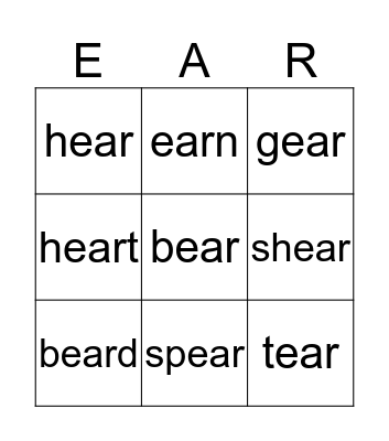 ear word Bingo Card