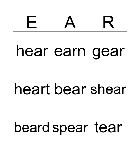 ear word Bingo Card