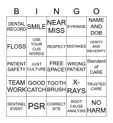 DENTAC PATIENT SAFETY BINGO Card