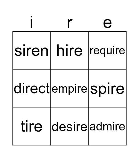 ire words Bingo Card