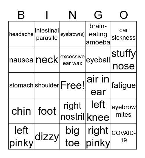 Aaisha's Ailments Bingo Card