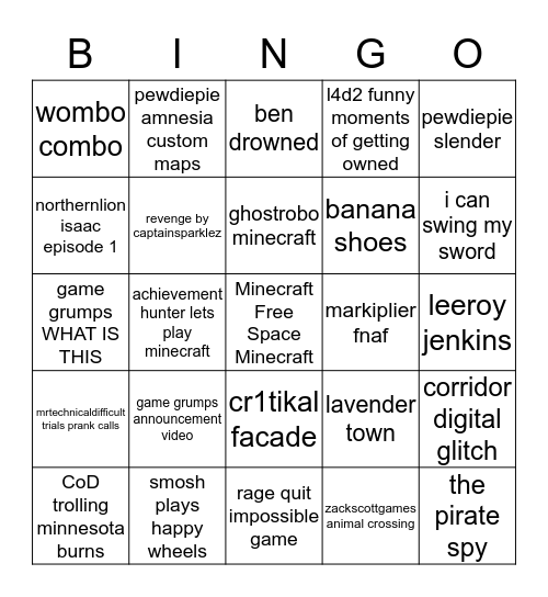 gaming related youtube videos from childhood Bingo Card