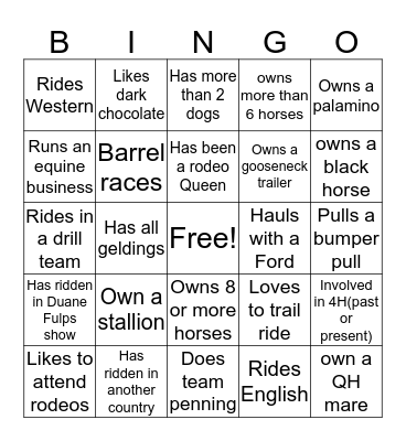 Horse Bingo Card