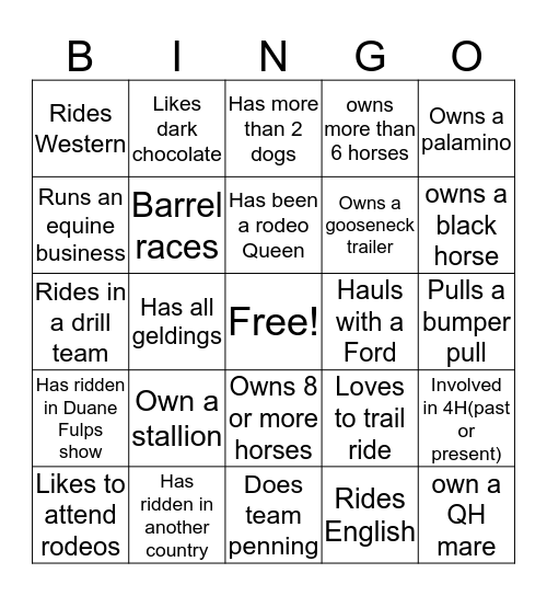 Horse Bingo Card