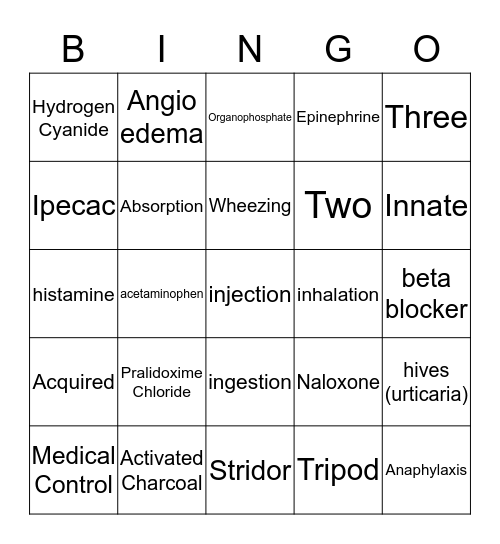 Toxicology Bingo Card