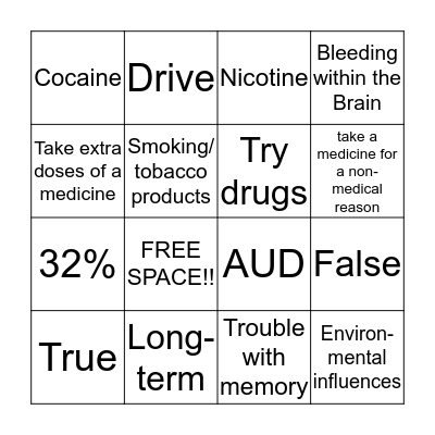 Substance Abuse Bingo Card