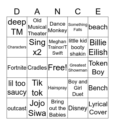 Dance Comp 2020 bingo Card