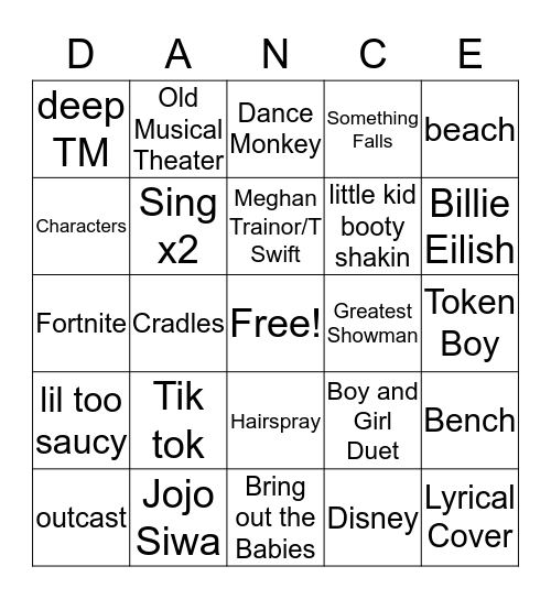 Dance Comp 2020 bingo Card