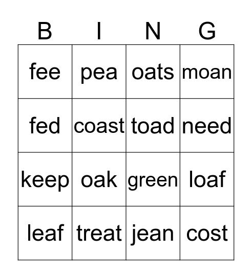 Vowel Team Bingo (ee, ea, oa) Bingo Card