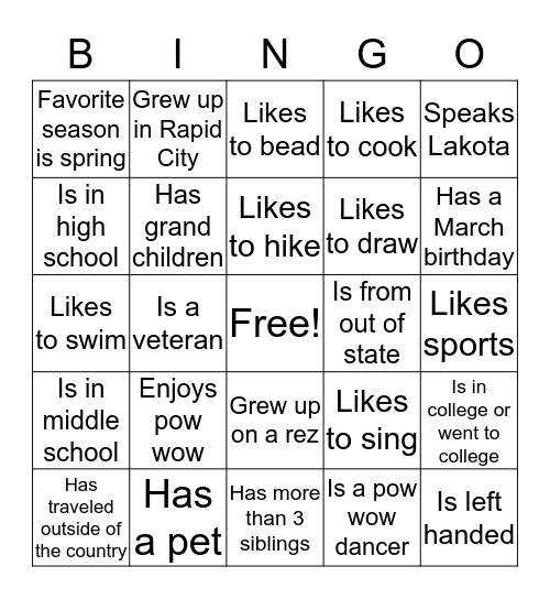 Oyate Bingo! Bingo Card