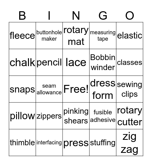 Sewing BINGO Card