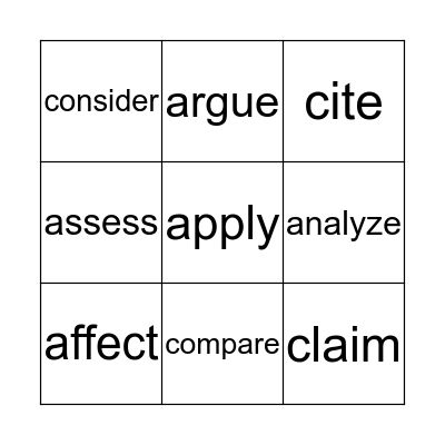 Academic Vocabulary  Bingo Card