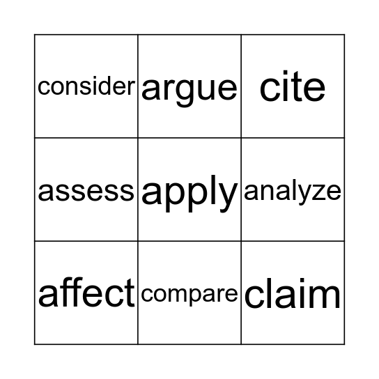 Academic Vocabulary  Bingo Card