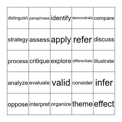 Academic Vocabulary  Bingo Card