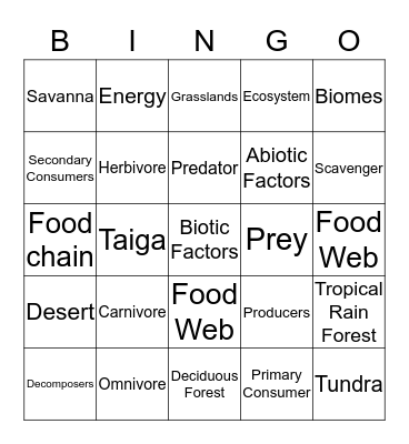 Food Chains, Food Webs, and Biomes Bingo Card