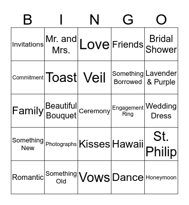 Bridal Bingo Card