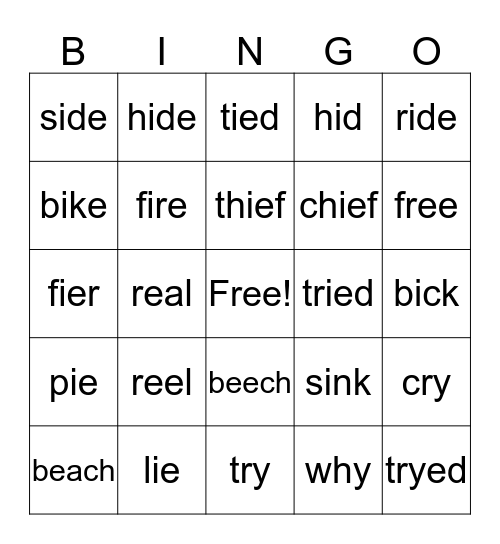 Spelling Test Bingo Card