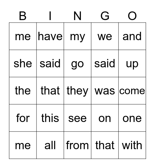 SIGHT WORD BINGO Card