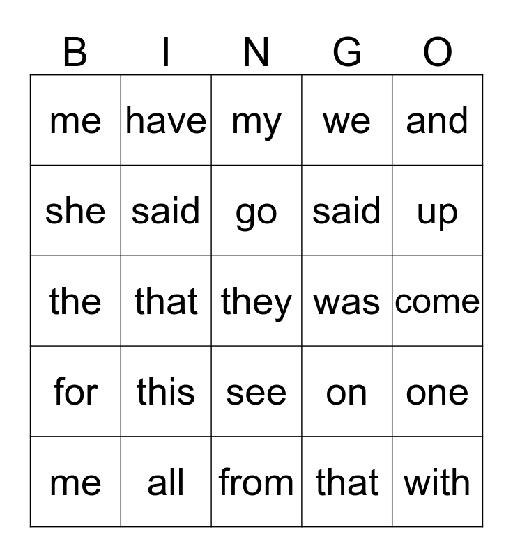 Printable Sight Word Bingo