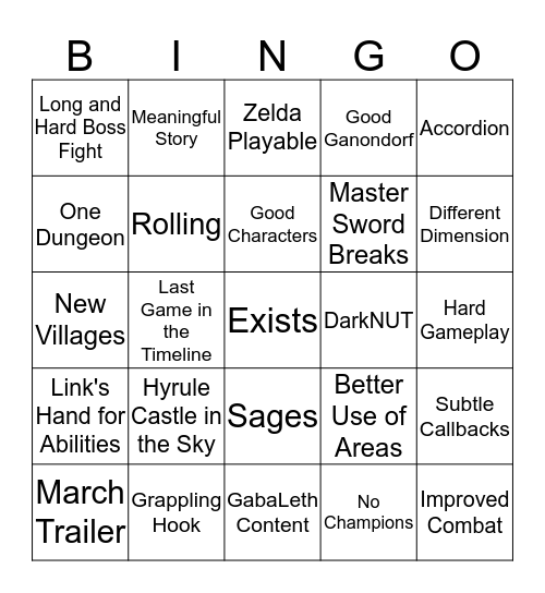 Breath of the Wild 2 Bingo Card