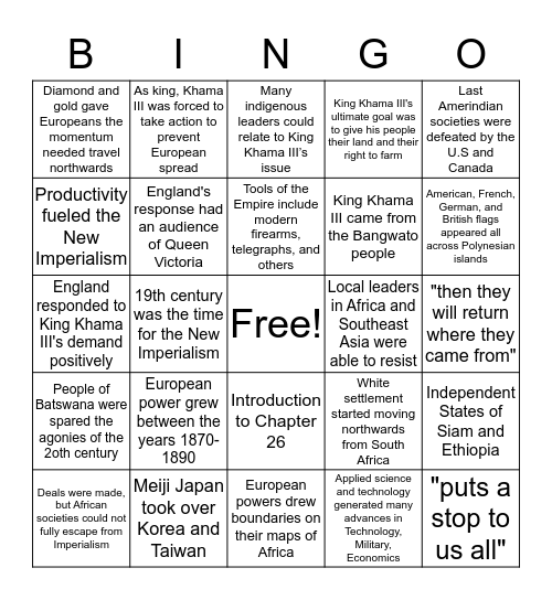 Intro to Chapter 26 Bingo Card