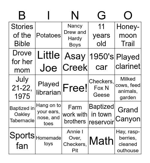 Grandma and Grandpa BINGO Card