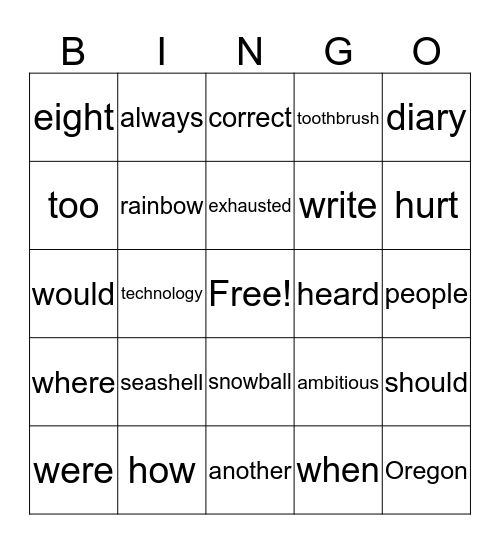Compound Words Bingo Card