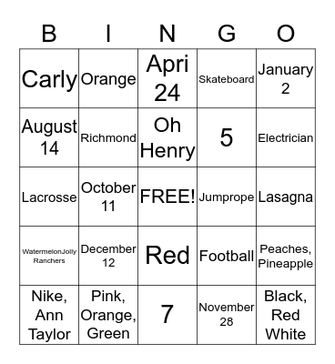 Turner-Frazier Family Bingo Card