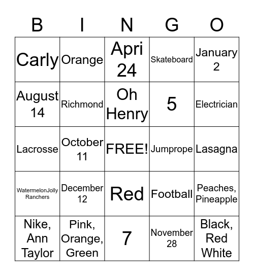 Turner-Frazier Family Bingo Card