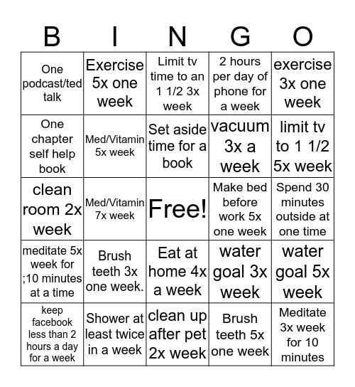 Self Help Bingo Card