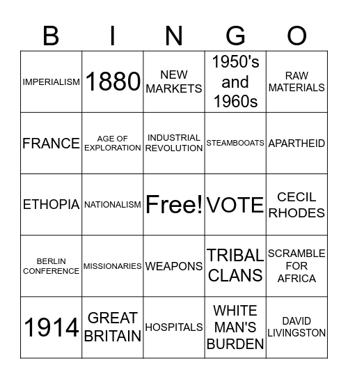 BINGO: IMPERIALISM Bingo Card