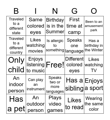 Characteristic Bingo Card