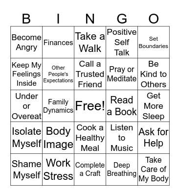 Coping Skills Bingo Card