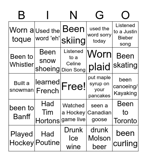 Canadian stereotypes  Bingo Card