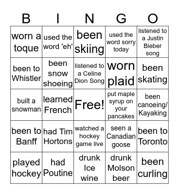 Canadian stereotypes  Bingo Card