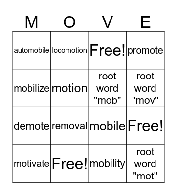 Vocabulary Bingo Card