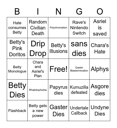 Glitchtale S2E8 "Animosity" Bingo Card