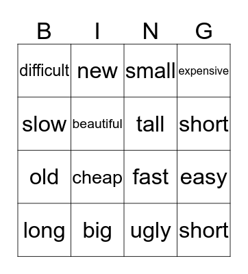 Adjectives Bingo Card