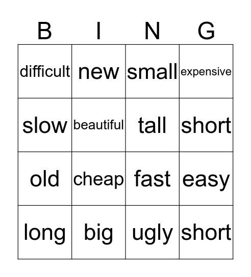 Adjectives Bingo Card