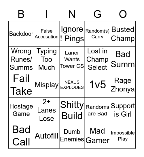 Shitty League Bingo Card