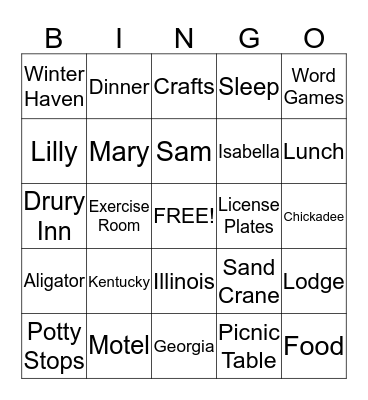 Florida Trip Bingo Card