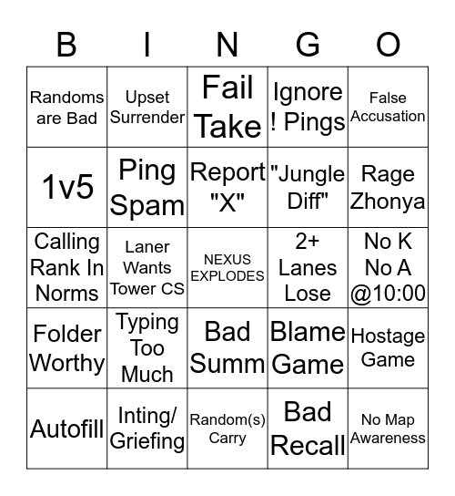 Shitty League Bingo Card