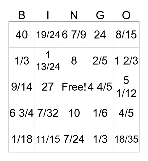Fractions Bingo (+,-, x, ÷) Bingo Card